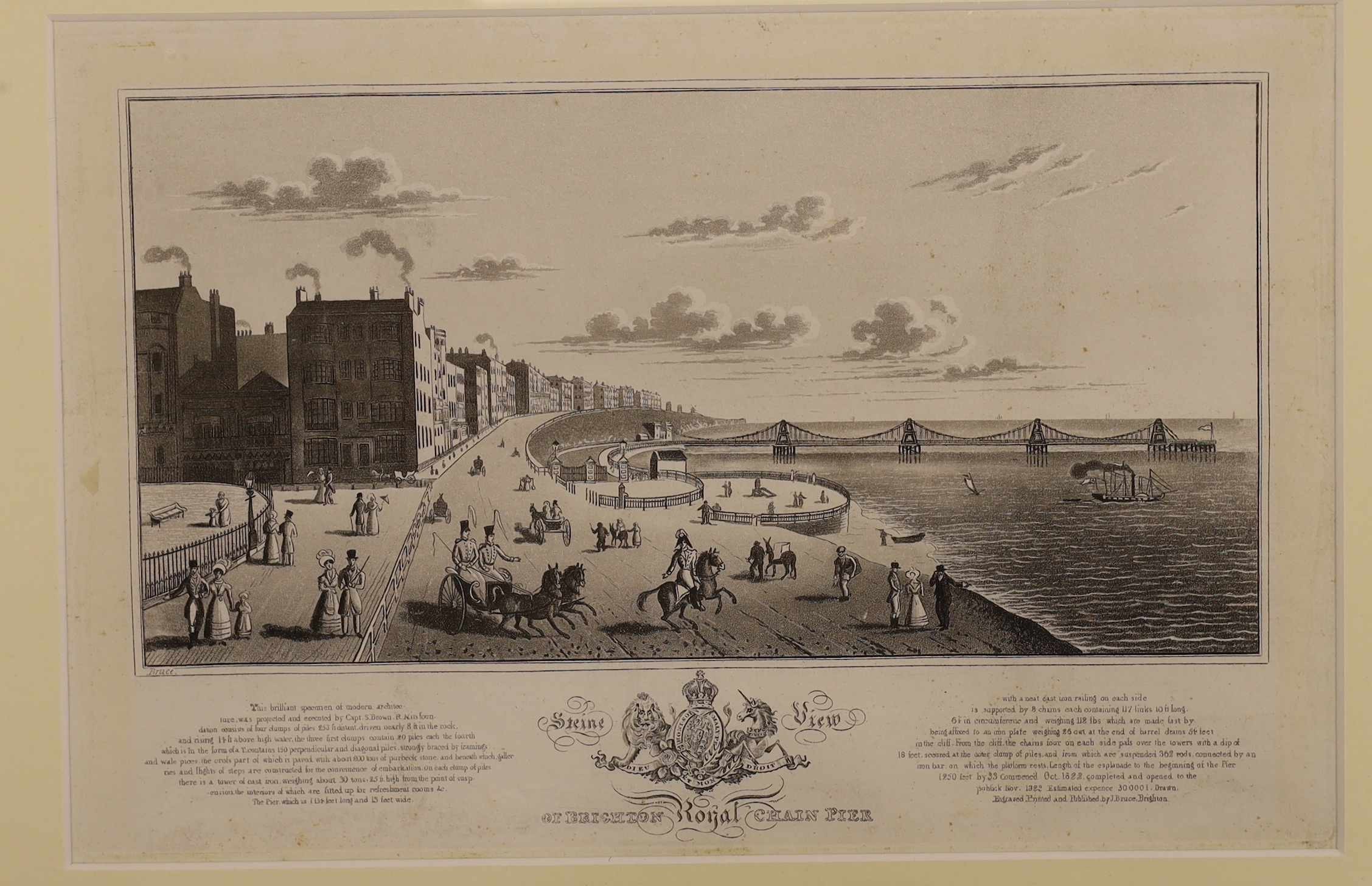 Eight 19th century engravings and prints of Brighton Chain Pier, some hand coloured, including one after Joseph Cordwell, Royal Chain Pier, Brighton, publ. 1824 and one after John Bruce